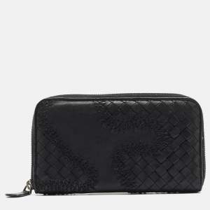 Pre Owned Bottega Veneta Black Intrecciato Leather Wildstitch Zip Around Wallet