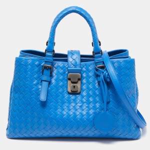 Pre Owned Bottega Veneta Blue Intrecciato Leather Small Roma Tote