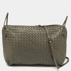 Pre Owned Bottega Veneta Grey Intrecciato Leather Large Nodini Crossbody Bag