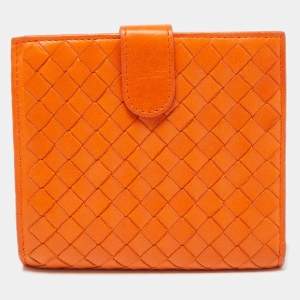 Pre Owned Bottega Veneta Orange Intrecciato Leather Bifold Zip Wallet