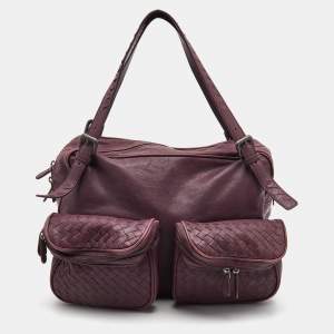 Pre Owned Bottega Veneta Purple Intrecciato Leather Front Pocket Satchel