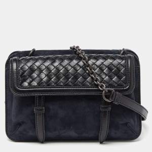 Pre Owned Bottega Veneta Blue/Black Intrecciato Suede and Karung Leather Crossbody Bag