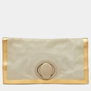 Bottega Veneta Grey/Gold Leather Twist Lock Flap Clutch