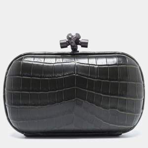 Pre Owned Bottega Veneta Dark Green Crocodile Knot Clutch