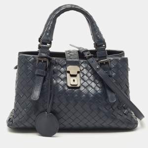 Pre Owned Bottega Veneta Navy Blue Intrecciato Leather Mini Roma Tote