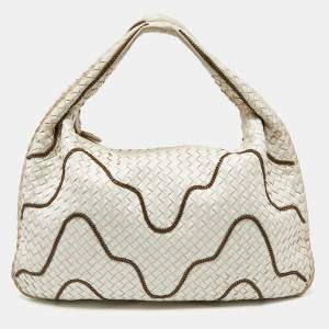 Pre Owned Bottega Veneta Off White Intrecciato Leather Chain Link Veneta Hobo