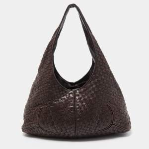 Pre Owned Bottega Veneta Dark Brown Intrecciato Leather Zip Hobo