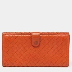 Bottega Veneta Orange Intrecciato Leather Flap Continental Wallet