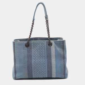 Pre Owned Bottega Veneta Light Blue Intrecciato Leather Stripe Chain Tote