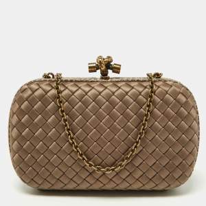 Pre Owned Bottega Veneta Brown Intrecciato Satin and Watersnake Leather Knot Chain Clutch