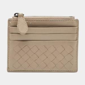 Pre Owned Bottega Veneta Grey Intrecciato Leather Zip Card Holder