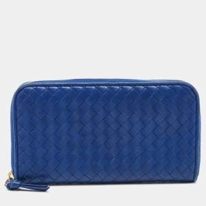 Pre Owned Bottega Veneta Blue Intrecciato Leather Zip Around Wallet