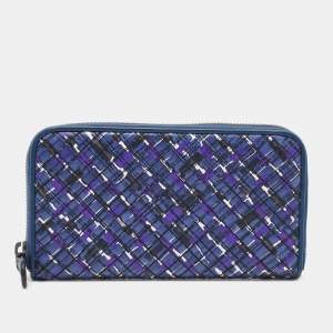 Pre Owned Bottega Veneta Purple Intrecciato Leather Zip Around Wallet