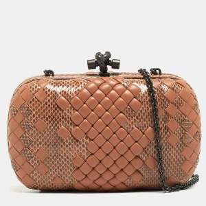 Pre Owned Bottega Veneta Beige Intrecciato Leather and Snakeskin Knot Chain Clutch