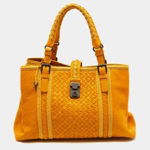 Pre Owned Bottega Veneta Mustard Intrecciato Leather Large Roma Stitch Tote