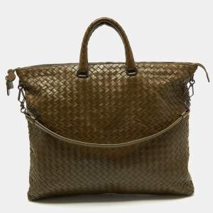 Pre Owned Bottega Veneta Khaki Green Intrecciato Leather Zip Slim Tote