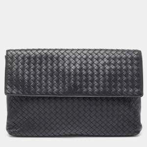 Pre Owned Bottega Veneta Black Intrecciato Leather Flap Snap Pouch