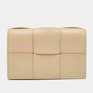 Pre Owned Bottega Veneta Beige Intrecciato Leather Cassette Business Card Case