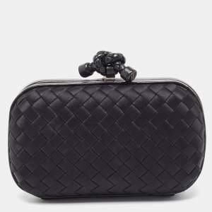 Pre Owned Bottega Veneta Black Intrecciato Satin and Leather Knot Clutch