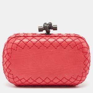 Pre Owned Bottega Veneta Pink Intrecciato Stitch Leather Knot Clutch