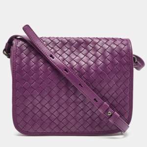 Pre Owned Bottega Veneta Purple Intrecciato Leather Flap Crossbody Bag