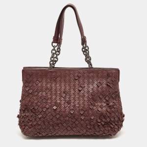 Pre Owned Bottega Veneta Burgundy Fringe Intrecciato Leather Medium Accordion Chain Tote