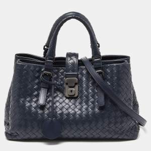 Pre Owned Bottega Veneta Blue Intrecciato Leather Small Roma Tote