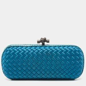 Pre Owned Bottega Veneta Blue Intrecciato Satin and Watersnake Leather Knot Clutch