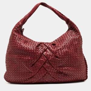 Pre Owned Bottega Veneta Dark Red Pleated Intrecciato Leather Hobo