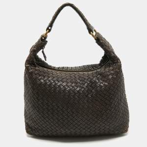 Pre Owned Bottega Veneta Dark Brown Intrecciato Leather Zip Hobo