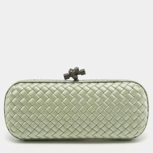 Pre Owned Bottega Veneta Light Green Intrecciato Satin and Watersnake Leather Knot Long Clutch