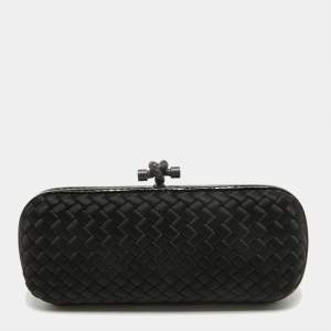 Pre Owned Bottega Veneta Black ntrecciato Satin and Watersnake Leather Knot Long Clutch
