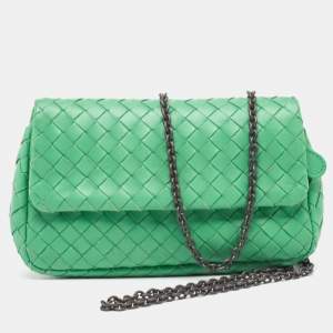 Pre Owned Bottega Veneta Green Intrecciato Leather Mini Flap Chain Crossbody Bag