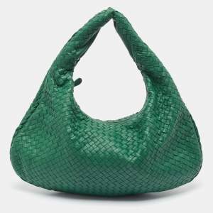 Pre Owned Bottega Veneta Green Intrecciato Leather Large Veneta Hobo