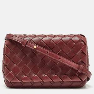 Pre Owned Bottega Veneta Burgundy Intrecciato Leather Flap Crossbody Bag