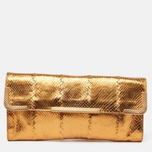 Pre Owned Bottega Veneta Gold Intrecciato Leather Frame Wristlet Clutch