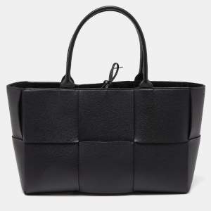 Pre Owned Bottega Veneta Black Intrecciato Leather Medium Arco Tote