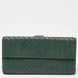 Pre Owned Bottega Veneta Green Intrecciato Leather Flap Continental Wallet