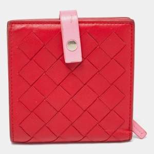 Bottega Veneta Red/Pink Intrecciato Leather French Compact Wallet