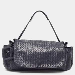 Bottega Veneta Navy Blue Intrecciato Leather Drawstring Flap Bag