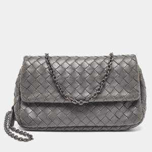 Pre Owned Bottega Veneta Grey Intrecciato Leather Flap Chain Crossbody Bag
