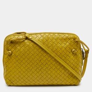 Pre Owned Bottega Veneta Mustard Intrecciato Leather Nodini Crossbody Bag