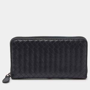 Pre Owned Bottega Veneta Black Intrecciato Leather Zip Around Wallet