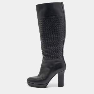 Bottega Veneta Black Woven Leather Knee Length Boots Size 39.5