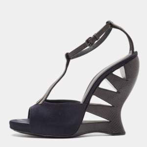 Bottega Veneta Navy Blue/Brown Satin and Textured Leather Ankle Strap Wedge Sandals Size 38