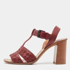  Bottega Veneta Burgundy Intrecciato Leather T-Strap Sandals Size 37