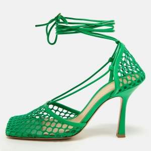Pre Owned Bottega Veneta Green Crochet and Leather Ankle Tie Pumps Size 38