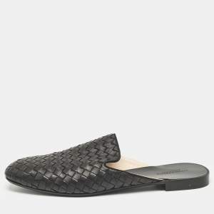 Pre Owned Bottega Veneta Black Intrecciato Leather Fiandra Flat Mules Size 40.5