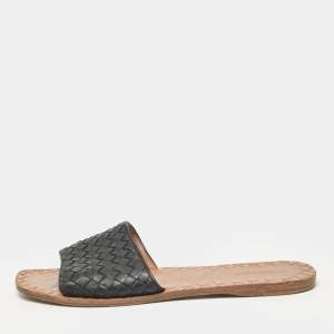 Bottega Veneta Black Intrecciato Leather Flat Slides Size 40