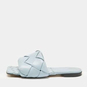 Pre Owned Bottega Veneta Blue Leather Lido Flat Sandals Size 37